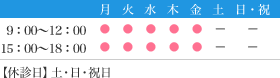 診療時間：9:00-12:00 15:00-18:00 休診日：土･日・祝日