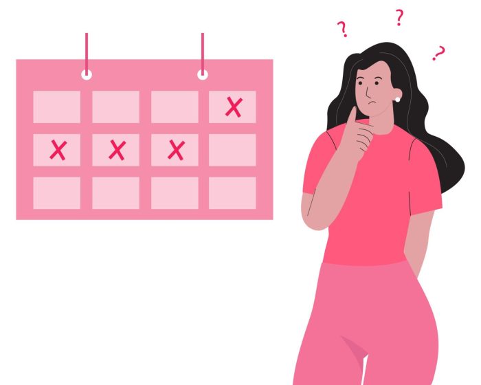 生理が来ないのが不安でカレンダーを見ている女性のイラスト